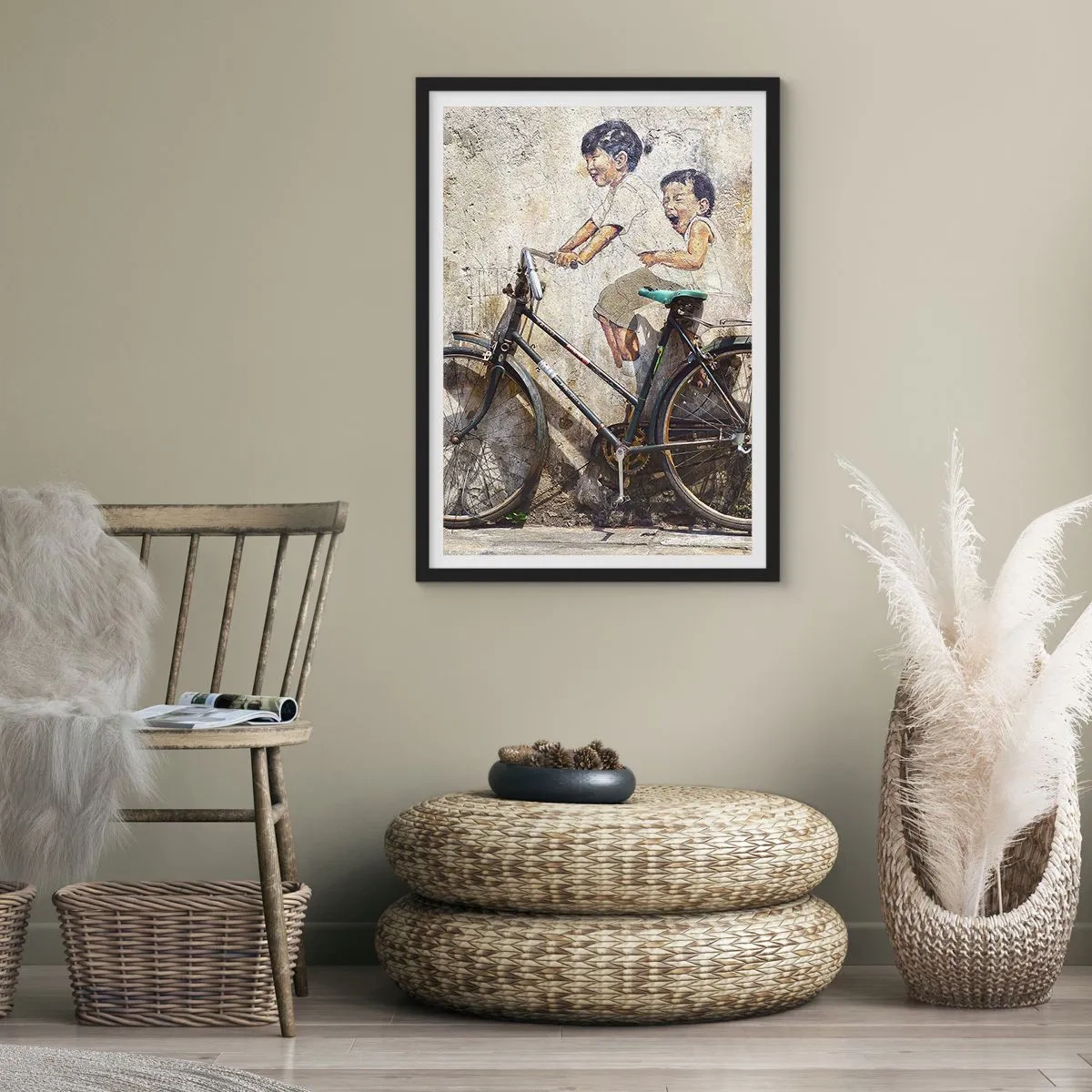 Pôster com moldura preta - Um mural de arte de rua com crianças em uma bicicleta - 50x70cm - Verdadeiro ou falso? - Decoração de parede moderna para a sala de estar e quarto ARTTOR