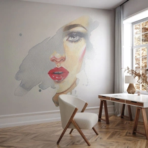 Papel de Parede Premium Sand - Reflexão numa gota de água - Rosto de Mulher, Mulher, lábios vermelhos - 100x70 cm