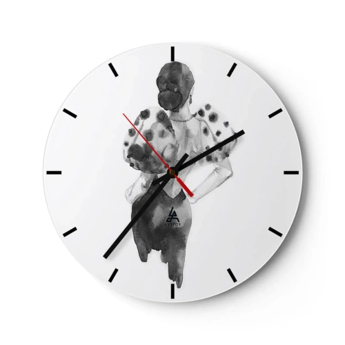 Relógio de parede - Relógio em vidro - Ilustração em preto e branco de uma mulher em um vestido elegante - 30x30cm - Ela passou por aqui - Decoração de parede moderna para a sala de estar, cozinha e quarto ARTTOR