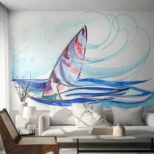 Papel de Parede Standard Eco - Windsurfista em aquarela nas ondas do mar - 100x70cm - Com o vento no ritmo das ondas - Decoração de parede moderna para a sala de estar e quarto ARTTOR