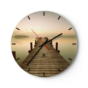 Relógio de parede - Relógio em vidro - Um cais de madeira ao nascer do sol sobre um lago calmo - 30x30cm - Antes do amanhecer, nascer do sol, luz - Decoração de parede moderna para a sala de estar, cozinha e quarto ARTTOR