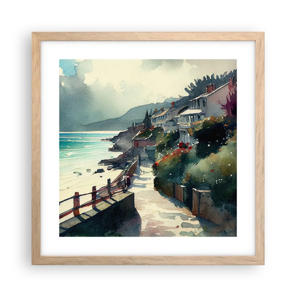 Pôster com moldura de carvalho claro - Cidade mediterrânea - 40x40 cm