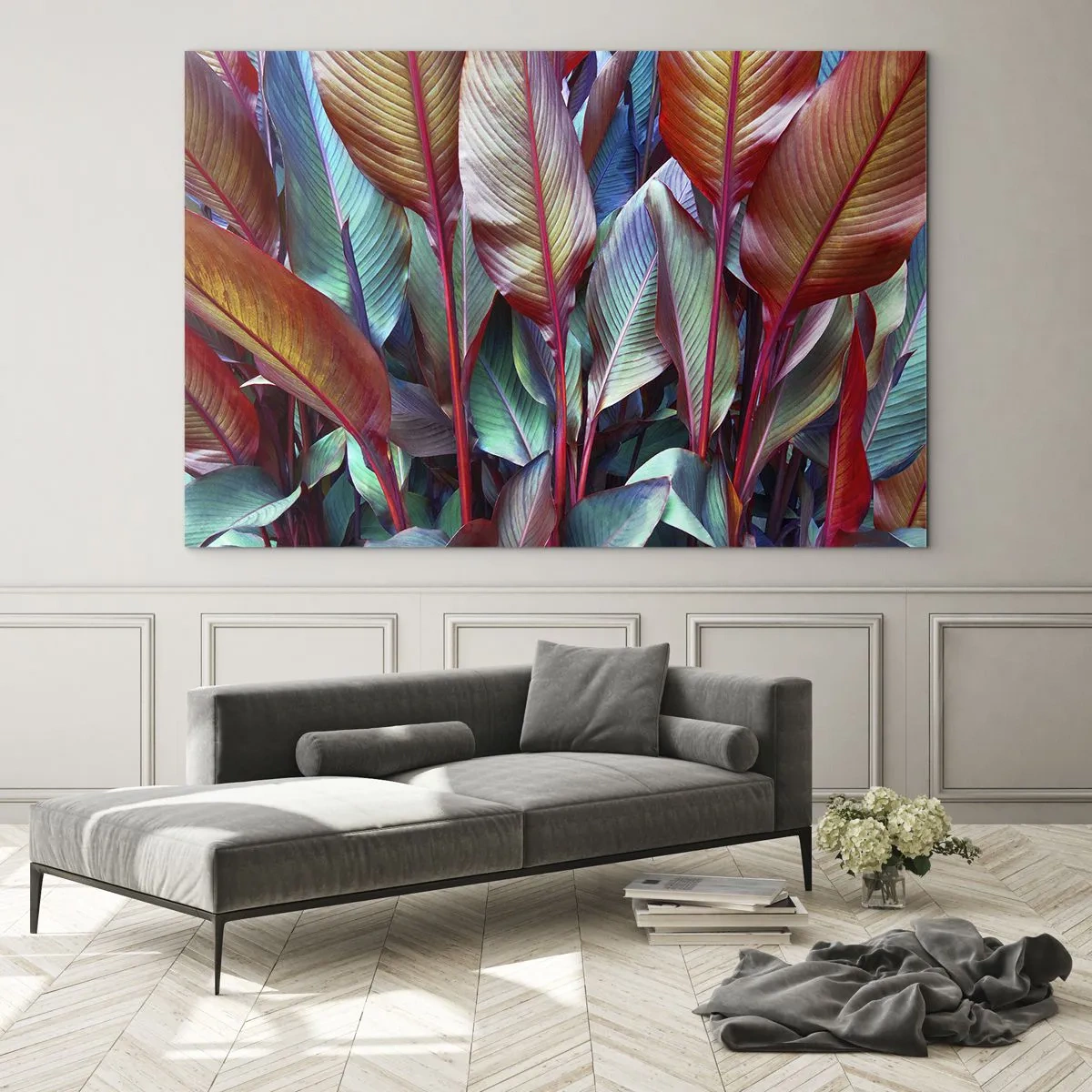 Quadro em vidro - Um matagal colorido de folhas em tons de vermelho, verde e roxo - 70x50cm - Um matagal colorido - Decoração de parede moderna para a sala de estar e quarto ARTTOR
