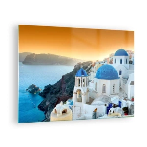 Quadro em vidro - Vista de Santorini com suas cúpulas azuis e penhascos - 70x50cm - Santorini - abraçada às rochas - Decoração de parede moderna para a sala de estar e quarto ARTTOR