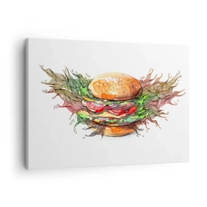 Quadro em tela - Ilustração artística de um hambúrguer com elementos dinâmicos - 70x50cm - Tentação quente - Decoração de parede moderna para a sala de estar e quarto ARTTOR