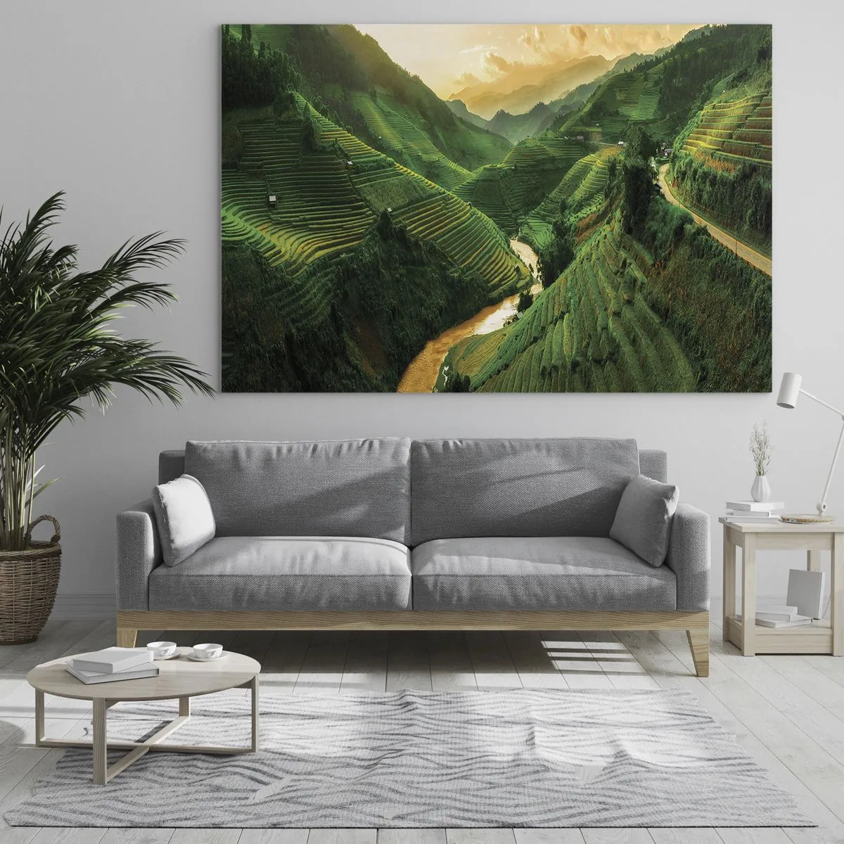 Quadro em vidro - Pitorescos terraços de arroz no vale ao pôr do sol - 70x50cm - Vale vietnamita - Decoração de parede moderna para a sala de estar e quarto ARTTOR