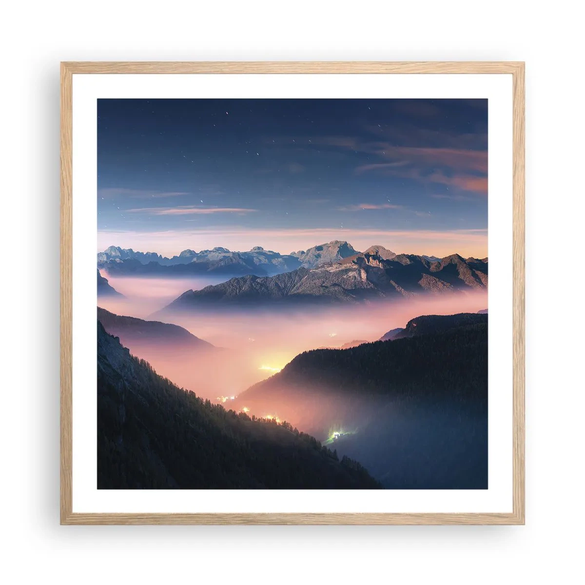 Pôster com moldura de carvalho claro - Luz nos vales - 60x60 cm
