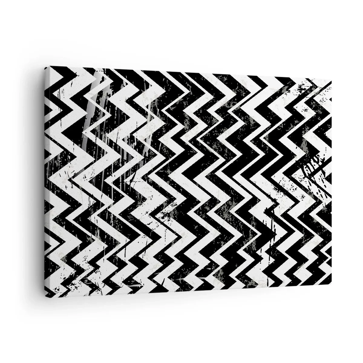 Quadro em tela - Padrão em zigue-zague preto e branco com abrasões artísticas - 70x50cm - Zig-branco, zag-preto - Decoração de parede moderna para a sala de estar e quarto ARTTOR
