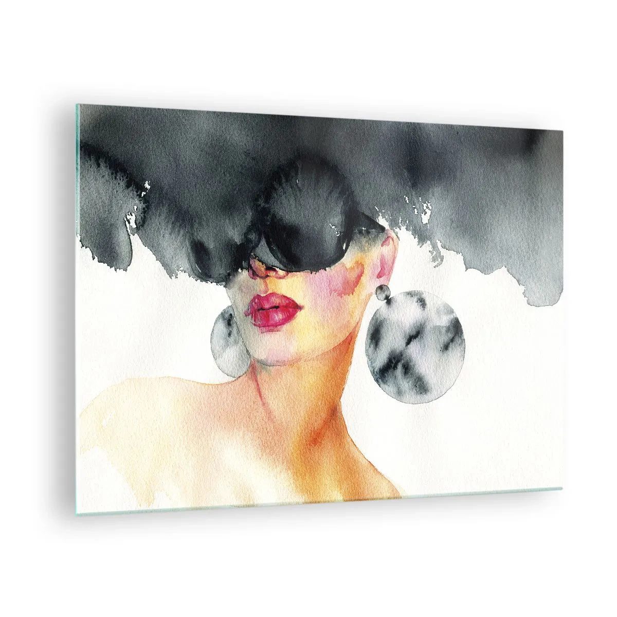 Quadro em vidro - Retrato de uma mulher com brincos grandes e uma mancha preta acima da cabeça - 70x50cm - O segredo da elegância - Decoração de parede moderna para a sala de estar e quarto ARTTOR