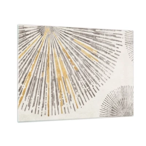 Quadro em vidro - Linhas radiais em tons de dourado e cinza sobre fundo claro - 70x50cm - A beleza do raio - Decoração de parede moderna para a sala de estar e quarto ARTTOR