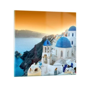 Quadro em vidro - Santorini - abraçada às rochas - 70x70 cm