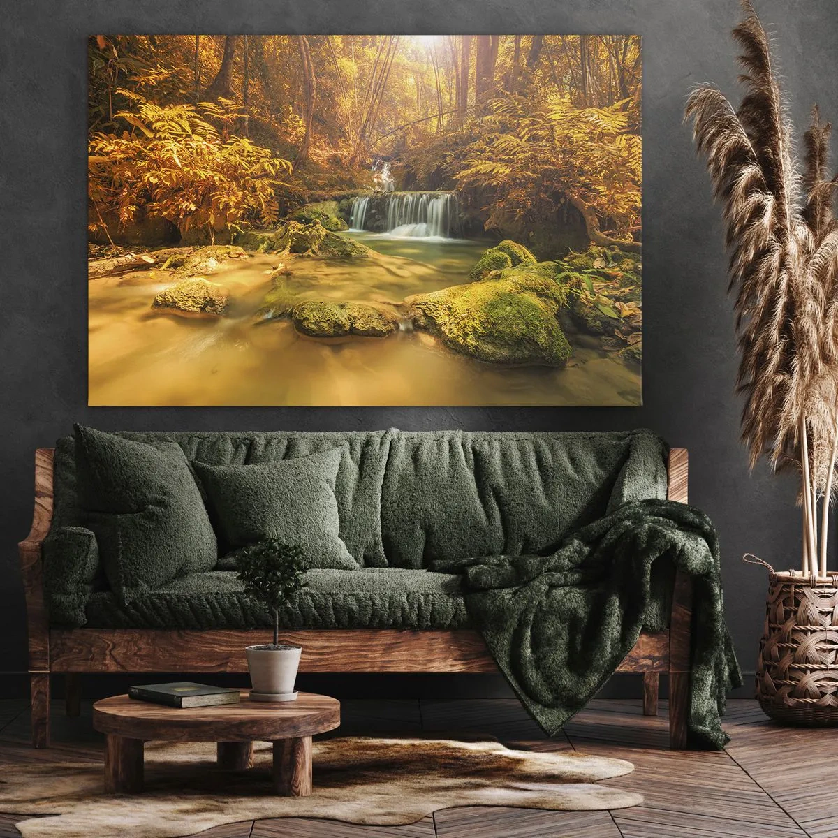 Quadro em tela - Cascata na floresta em ouro - 100x70 cm