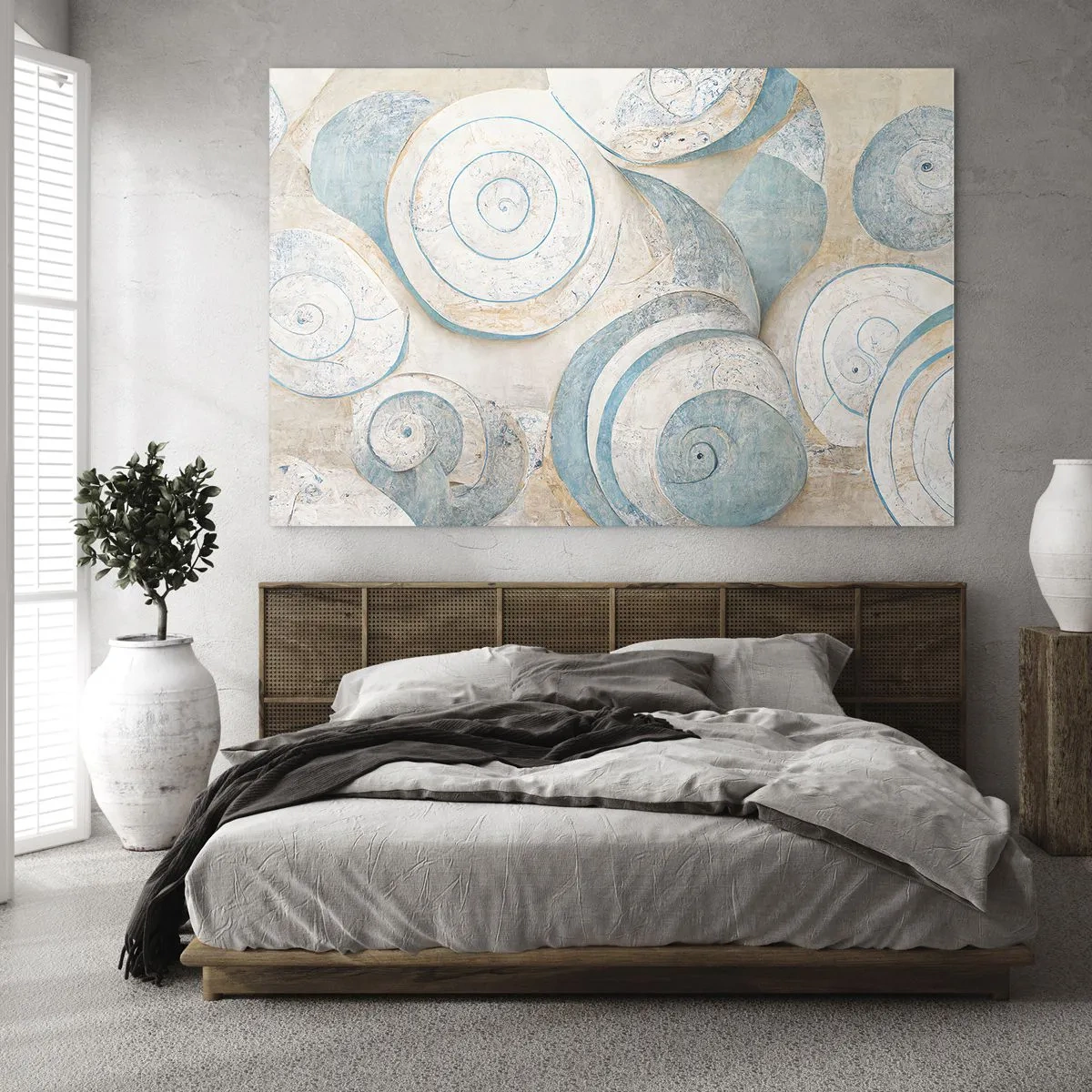 Quadro em vidro - Conchas em uma paleta azul e bege em um fundo estruturado - 70x50cm - O que há dentro da casca? - Decoração de parede moderna para a sala de estar e quarto ARTTOR