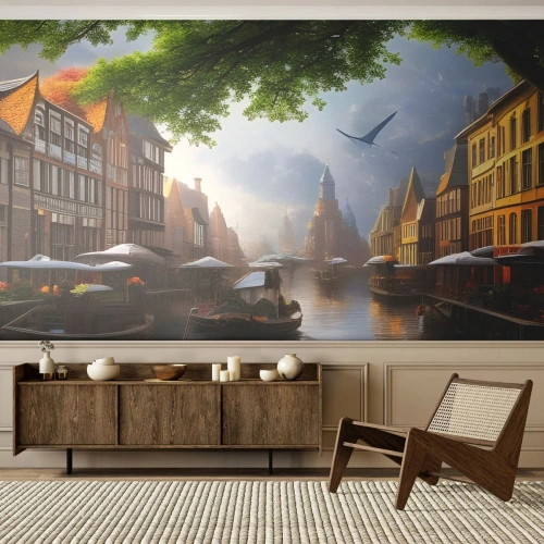 Papel de Parede Premium Canvas - Paisagem urbana holandesa - Cidade antiga, Barcos, Canal - 300x210 cm