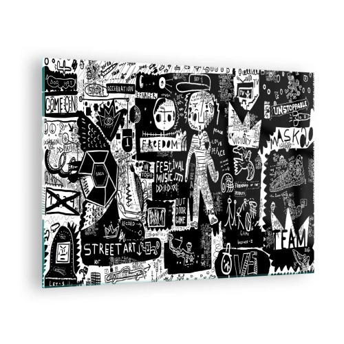 Quadro em vidro - Gráficos em estilo de arte de rua em preto e branco com personagens e símbolos - 70x50cm - O direito e a alegria da juventude espiritual - Decoração de parede moderna para a sala de estar e quarto ARTTOR