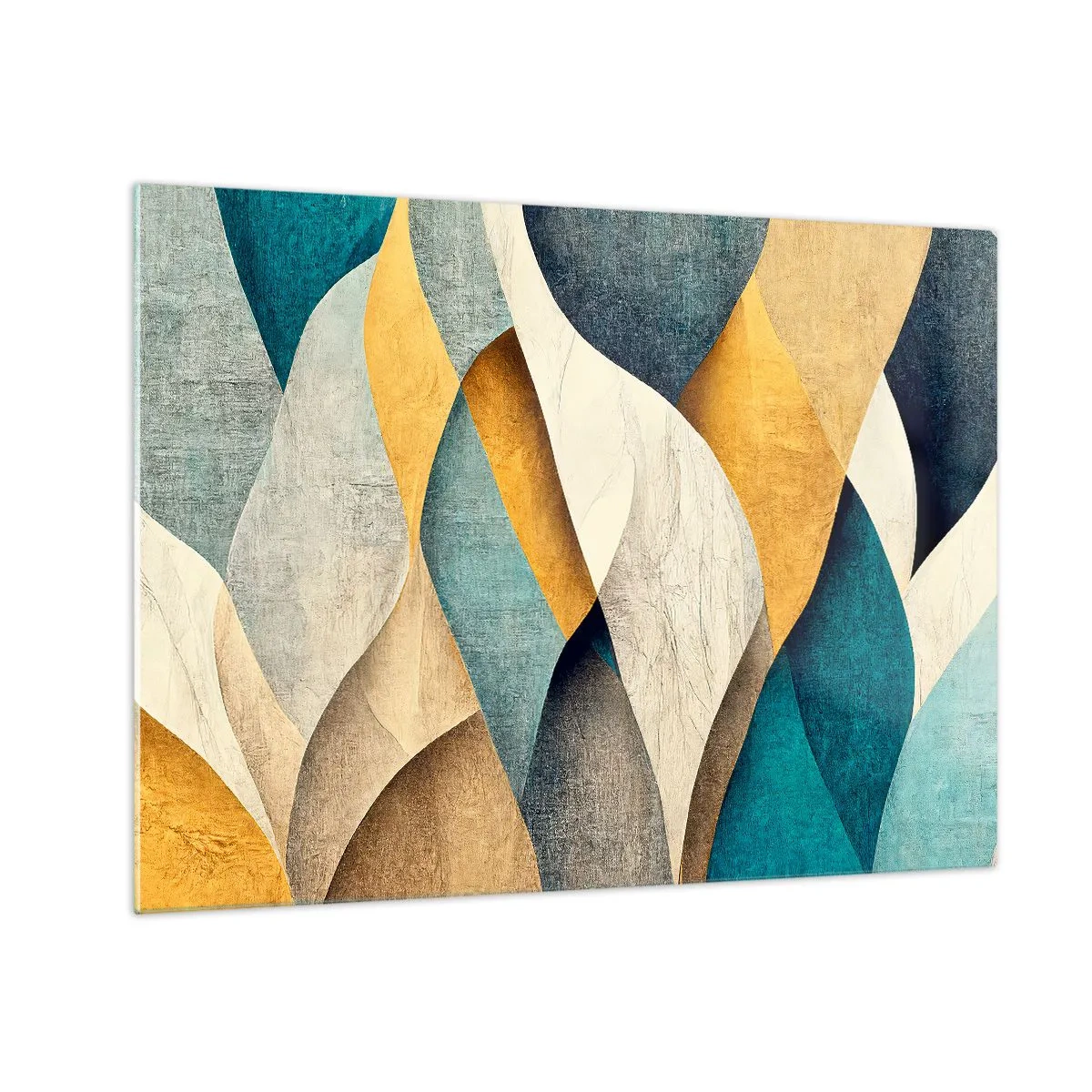 Quadro em vidro - Formas abstratas em tons de amarelo e azul - 70x50cm - Ritmo e onda - Decoração de parede moderna para a sala de estar e quarto ARTTOR