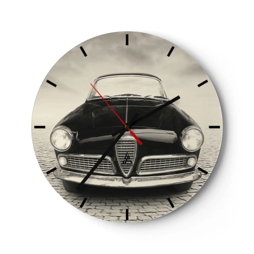 Relógio de parede - Relógio em vidro - A frente de um carro retrô clássico em uma estrada de paralelepípedos - 30x30cm - E como não me amar? - Decoração de parede moderna para a sala de estar, cozinha e quarto ARTTOR
