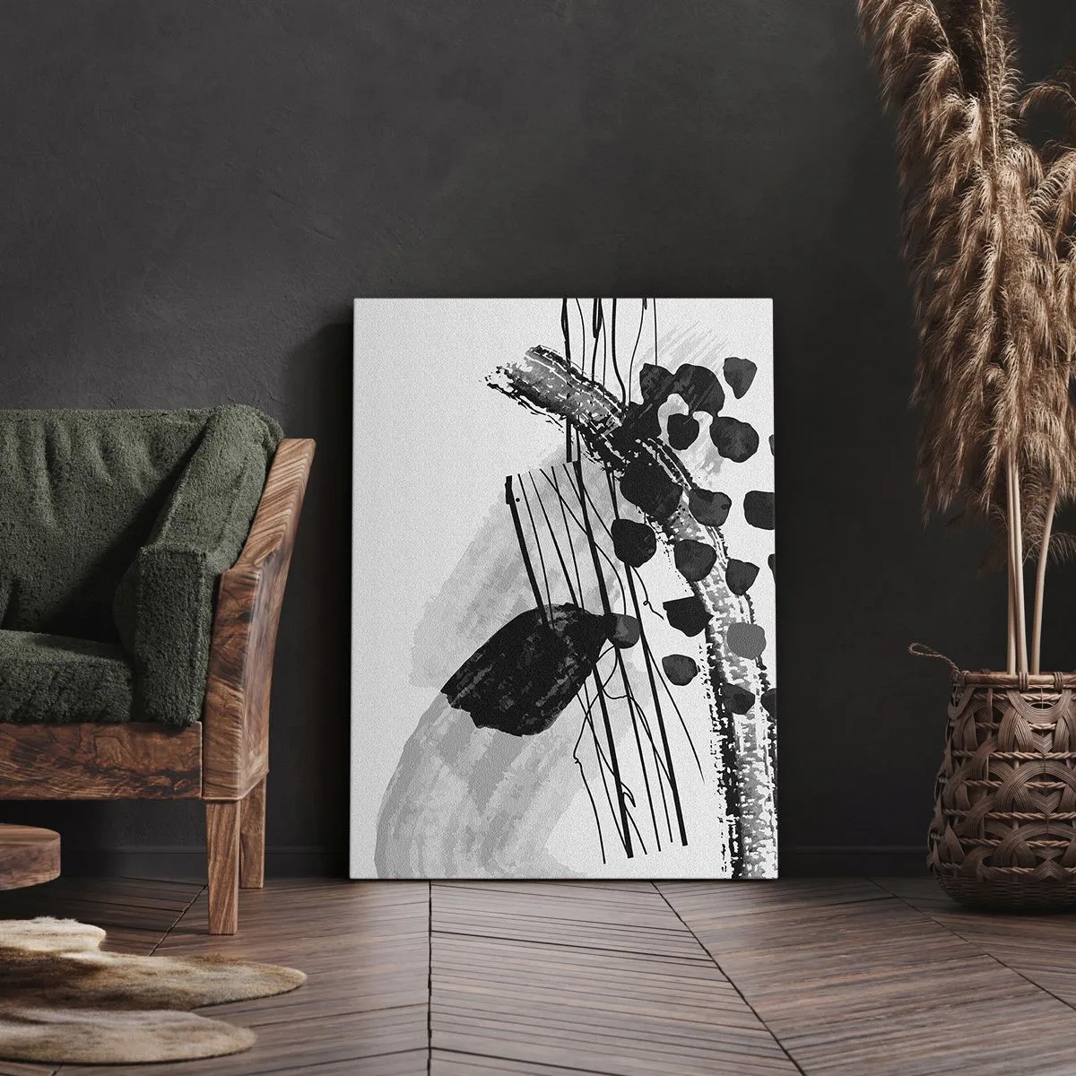 Quadro em tela - Abstração orgánica em preto e branco - 50x70 cm