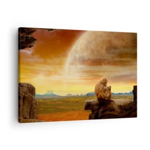 Quadro em tela - Macacos sentados em uma rocha em uma paisagem surreal com um planeta gigante - 70x50cm - O amor é o mesmo em todos os lugares - Decoração de parede moderna para a sala de estar e quarto ARTTOR