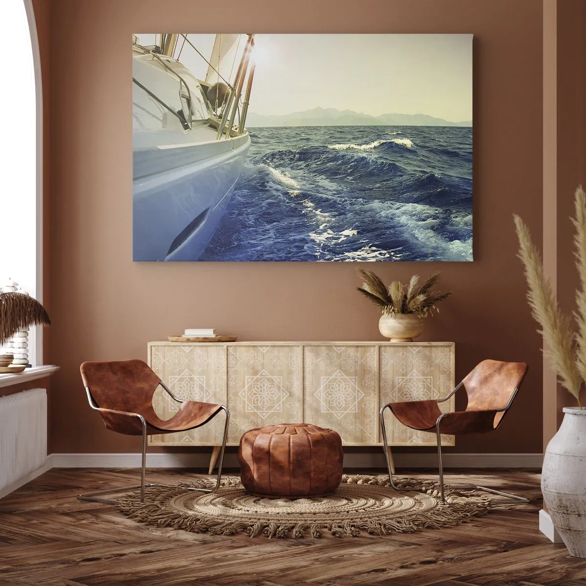Quadro em tela - Um iate em mar aberto com vista para as ondas - 70x50cm - Depois da aventura - Decoração de parede moderna para a sala de estar e quarto ARTTOR