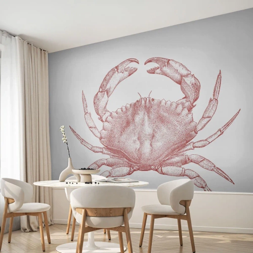Papel de Parede Standard Eco - Ilustração de caranguejo vermelho em um fundo claro em um estilo gráfico - 100x70cm - Caranguejo sobre caranguejos - Decoração de parede moderna para a sala de estar e quarto ARTTOR
