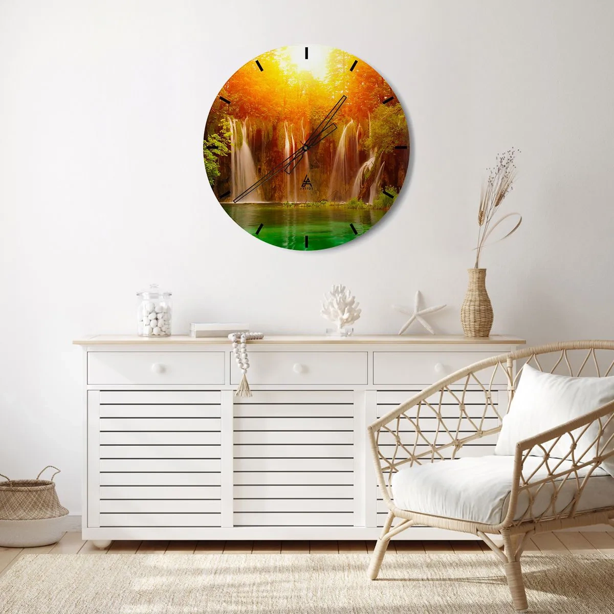 Relógio de parede - Relógio em vidro - Cachoeiras pitorescas à luz do pôr do sol - 30x30cm - Ao sol e à sombra - Decoração de parede moderna para a sala de estar, cozinha e quarto ARTTOR