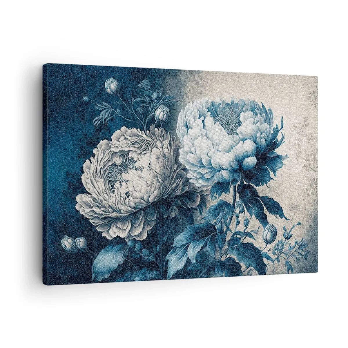 Quadro em tela - Peônias azuis em um fundo sutil com um padrão delicado - 70x50cm - Casal que combina - Decoração de parede moderna para a sala de estar e quarto ARTTOR