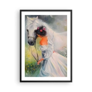 Pôster com moldura preta - Uma mulher com um cavalo branco em estilo pictórico - 50x70cm - Como um belo sonho - Decoração de parede moderna para a sala de estar e quarto ARTTOR