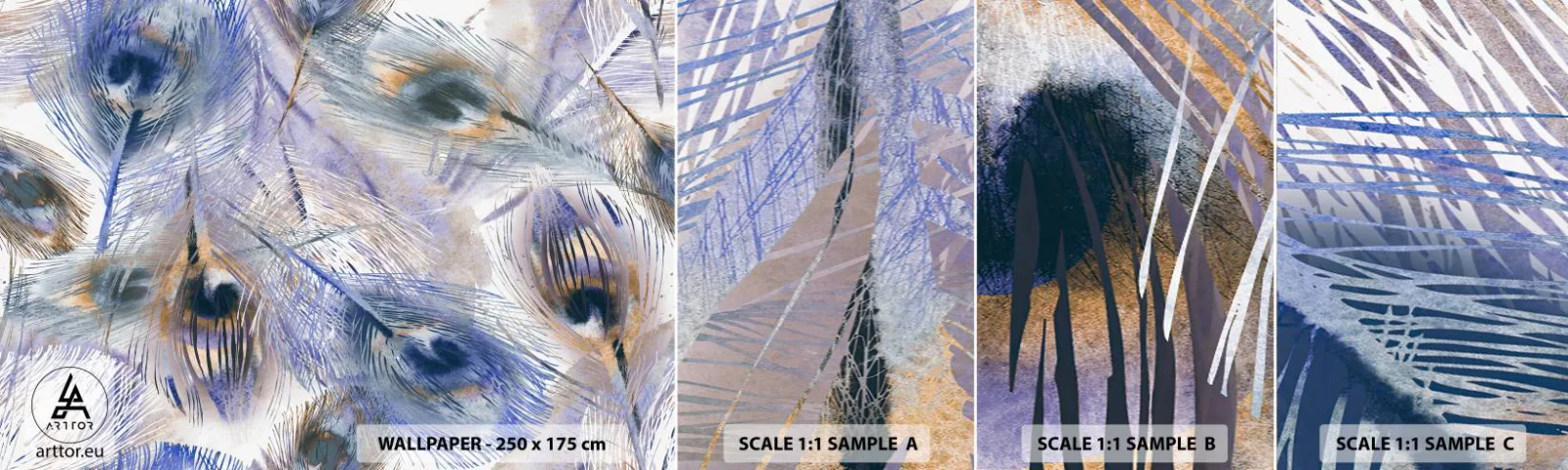 Amostra de Papel de Parede Standard Eco - Composição do pavão - Abstração, Pena de pavão, Boho - 100x30 cm