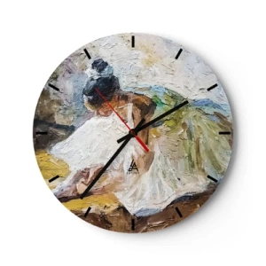Relógio de parede - Relógio em vidro - Uma bailarina de vestido branco retratada em estilo impressionista. - 30x30cm - Do quadro de Degas - Decoração de parede moderna para a sala de estar, cozinha e quarto ARTTOR
