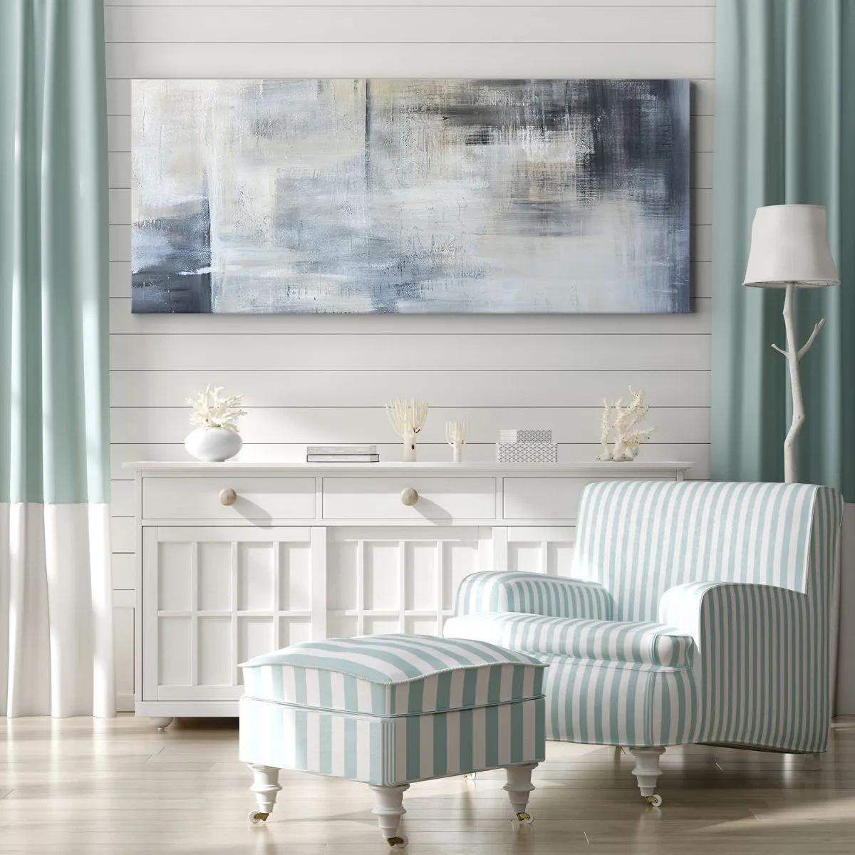 Quadro em tela - Atrás da cortina azul - 90x30 cm