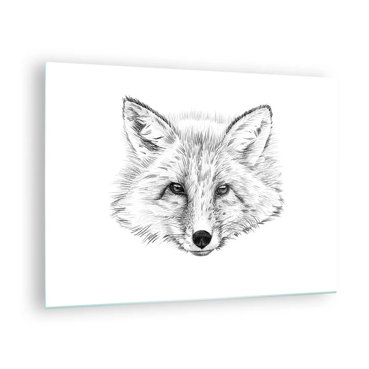 Quadro em vidro - Desenho de uma cabeça de raposa em um fundo branco - 70x50cm - Esses olhos podem mentir? - Decoração de parede moderna para a sala de estar e quarto ARTTOR