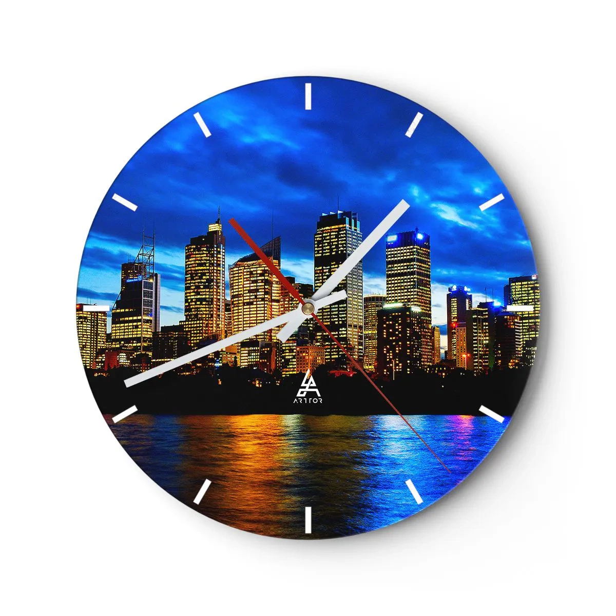 Relógio de parede - Relógio em vidro - Panorama da cidade noturna com luzes refletidas na água - 30x30cm - Uma noite de luzes e cores - Decoração de parede moderna para a sala de estar, cozinha e quarto ARTTOR