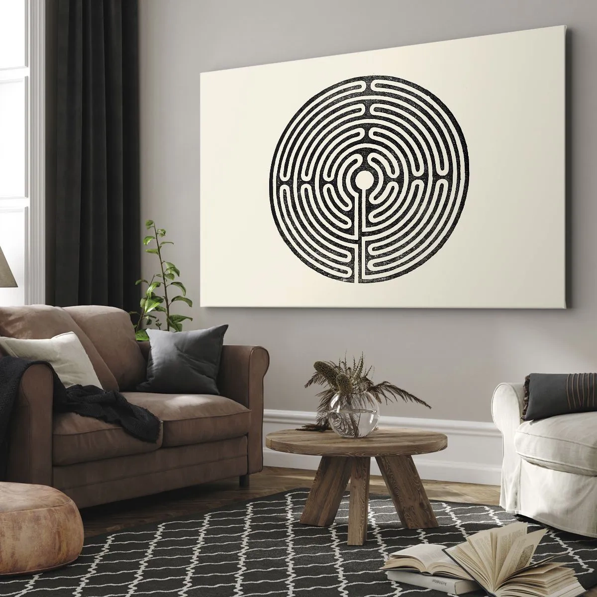 Quadro em tela - Labirinto circular preto e branco sobre fundo claro - 70x50cm - Ordem misteriosa - Decoração de parede moderna para a sala de estar e quarto ARTTOR
