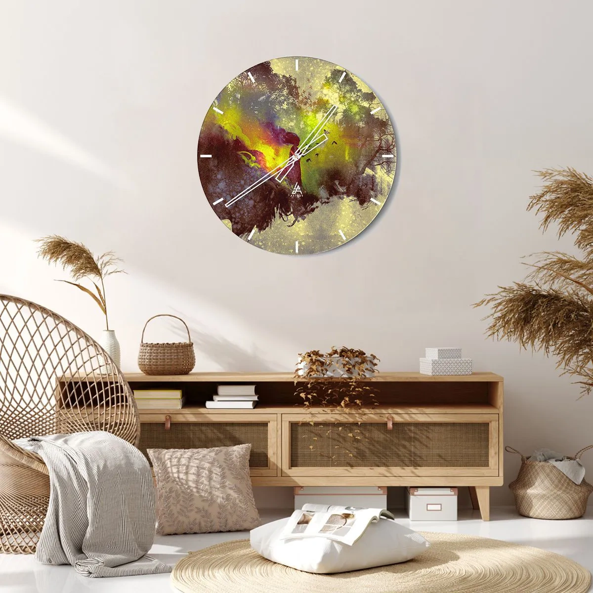 Relógio de parede - Relógio em vidro - Paisagem abstrata com elementos naturais e cores - 30x30cm - Mãe Natureza - Decoração de parede moderna para a sala de estar, cozinha e quarto ARTTOR