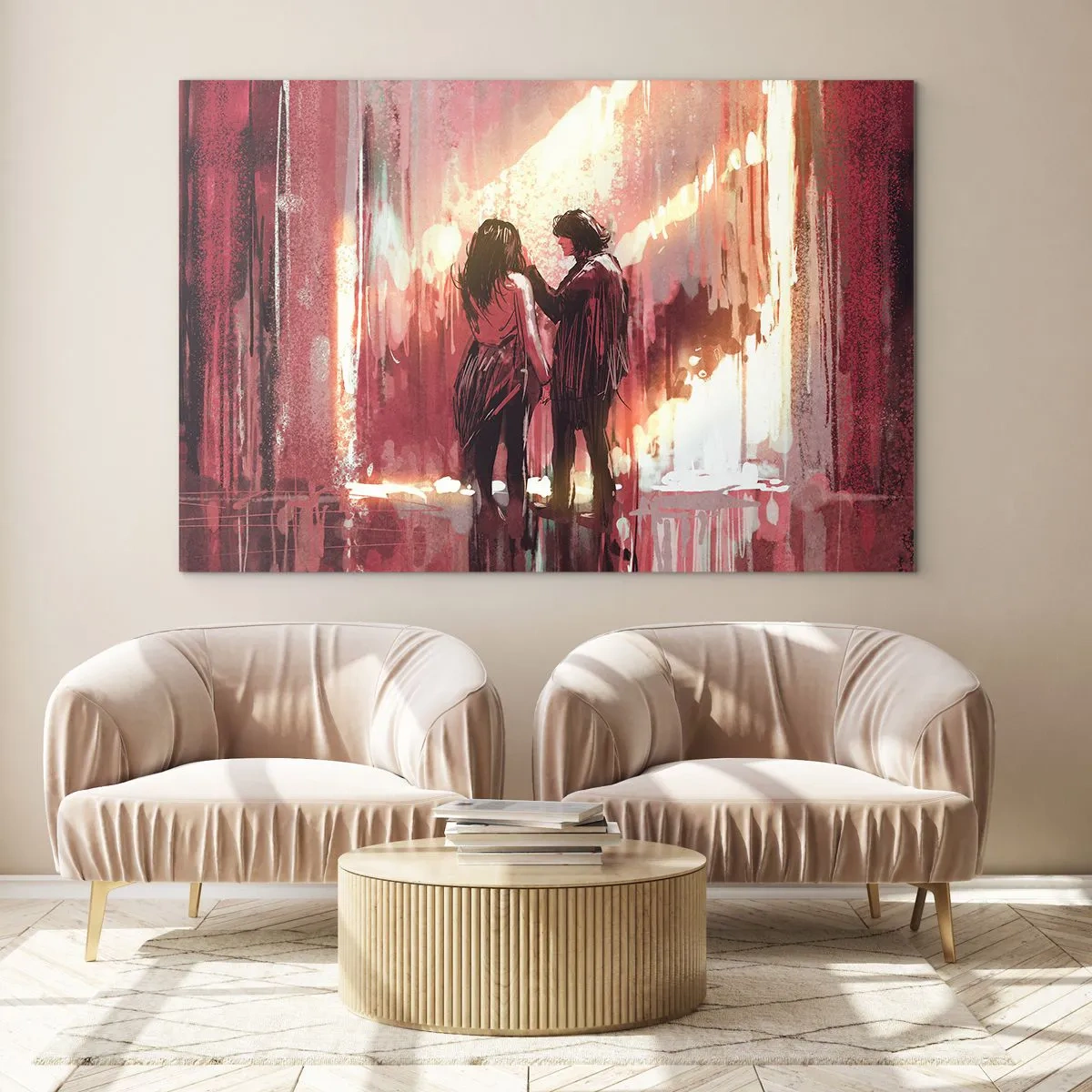 Quadro em vidro - Um casal na luz quente de um cenário abstrato - 70x50cm - O eterno espetáculo do amor - Decoração de parede moderna para a sala de estar e quarto ARTTOR