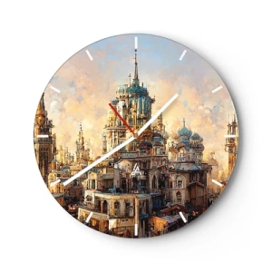 Relógio de parede - Relógio em vidro - As torres e edifícios de uma cidade fantástica ao pôr do sol - 30x30cm - Cidade das cidades - Decoração de parede moderna para a sala de estar, cozinha e quarto ARTTOR