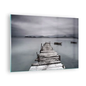 Quadro em vidro - Um cais de madeira em um lago em um dia de neblina - 70x50cm - Amanhã pode ir - Decoração de parede moderna para a sala de estar e quarto ARTTOR