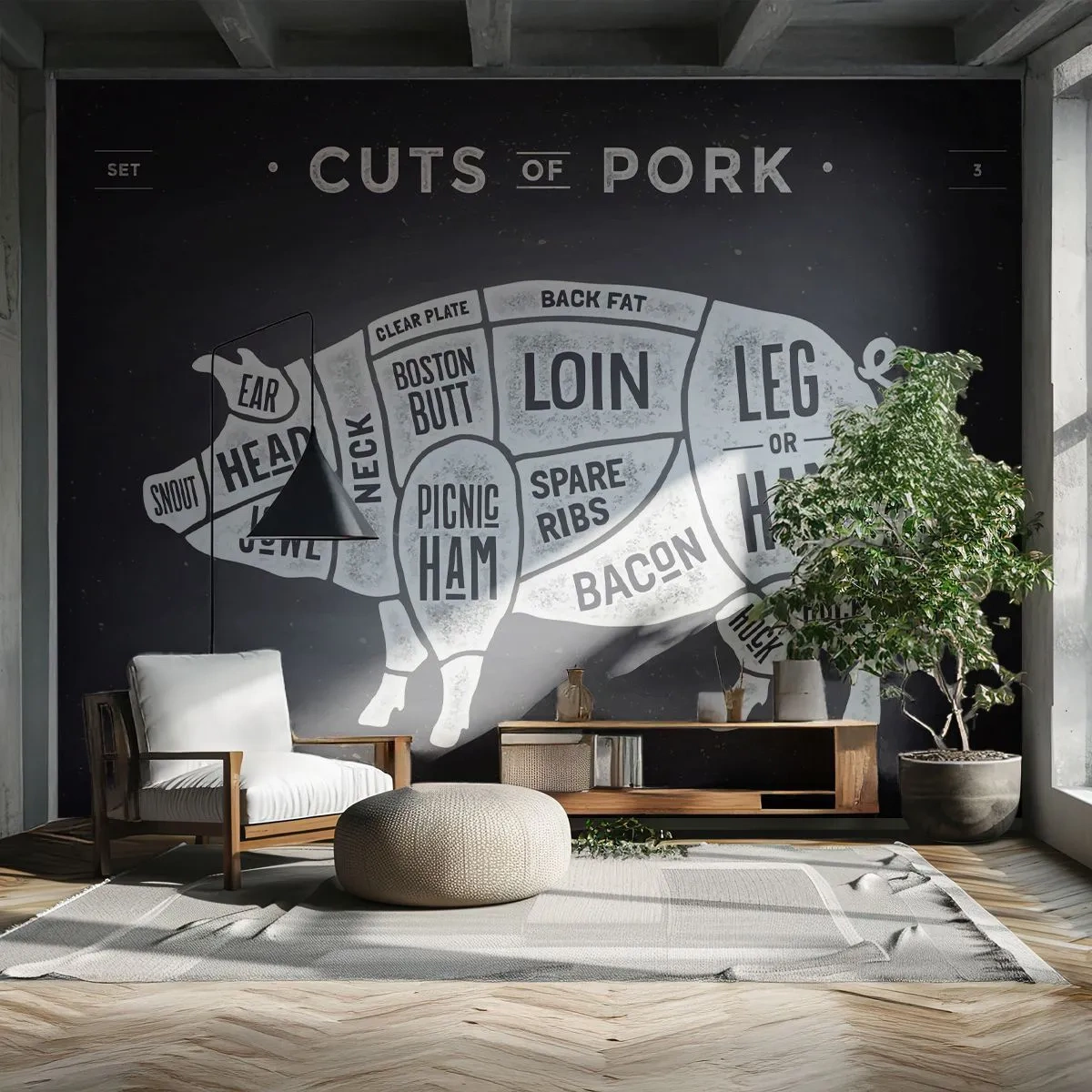 Papel de Parede Standard Eco - Cartilha do talhante - Gastronomia, Porco Animal, Carne de porco - 200x140 cm