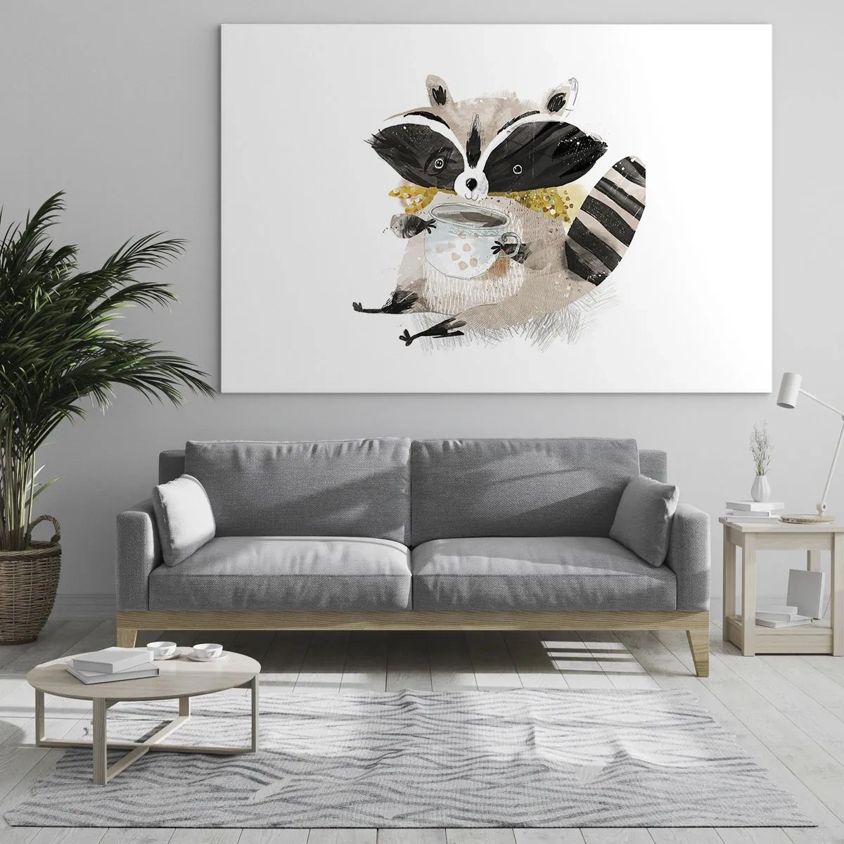 Quadro em vidro - Um guaxinim fofo segurando um copo de bebida - 70x50cm - O meu amigo guaxinim - Decoração de parede moderna para a sala de estar e quarto ARTTOR