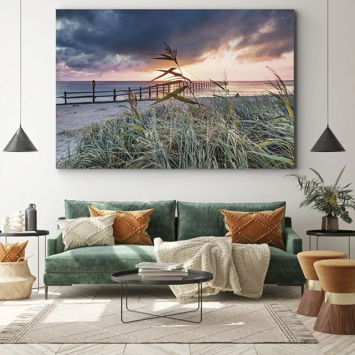 Quadro em tela - Praia ao pôr do sol com grama em primeiro plano - 70x50cm - O vento não leva - Decoração de parede moderna para a sala de estar e quarto ARTTOR
