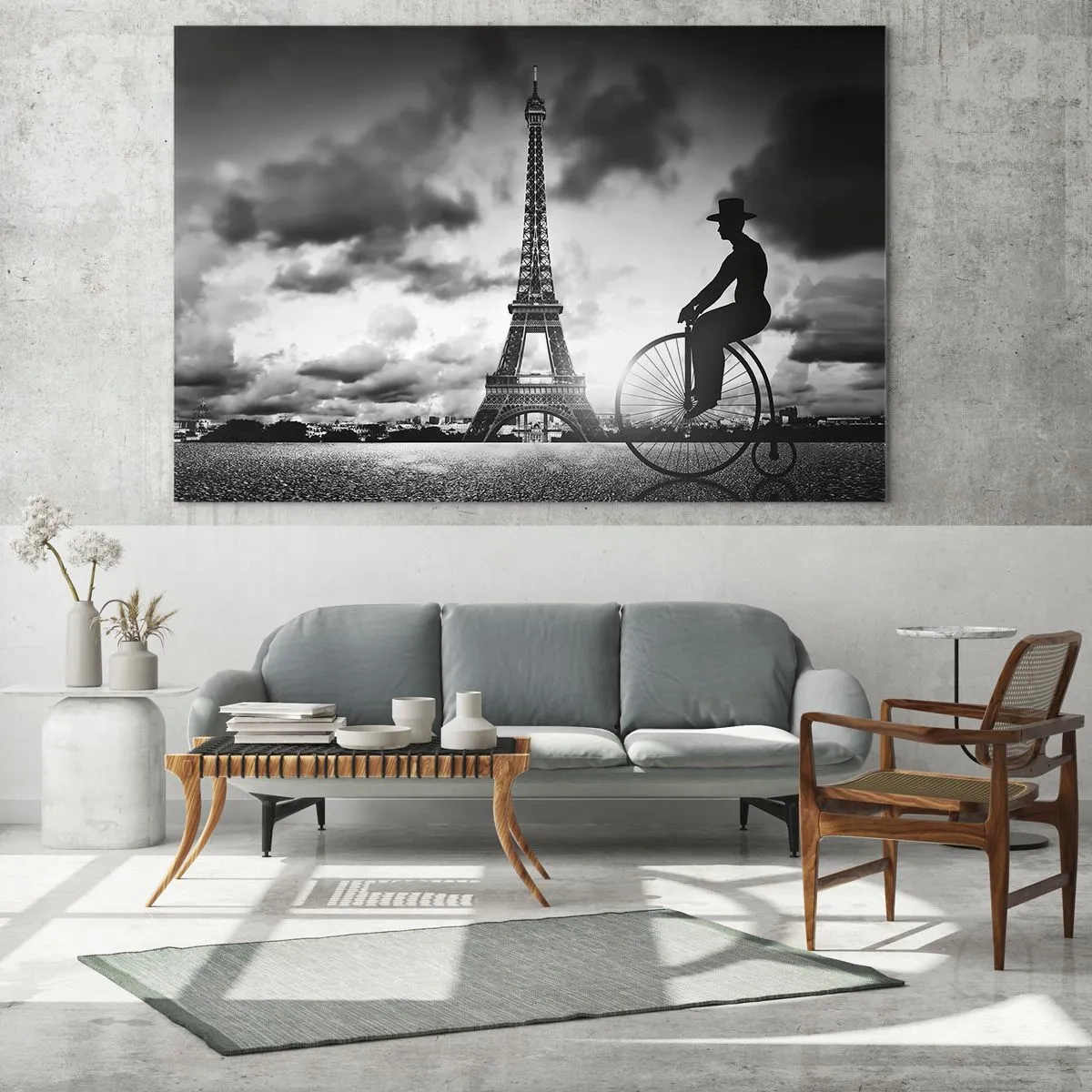 Quadro em vidro - Torre Eiffel com bicicleta retrô em preto e branco - 70x50cm - Saudades da Belle Époque - Decoração de parede moderna para a sala de estar e quarto ARTTOR
