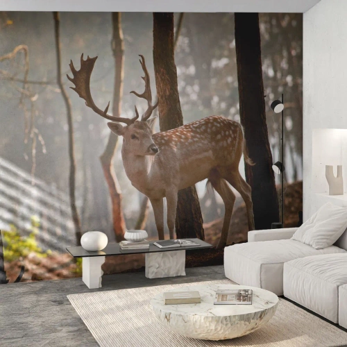 Papel de Parede Standard Eco - Um veado em uma floresta misteriosa ao amanhecer - 100x70cm - A Luz da Juventude - Decoração de parede moderna para a sala de estar e quarto ARTTOR