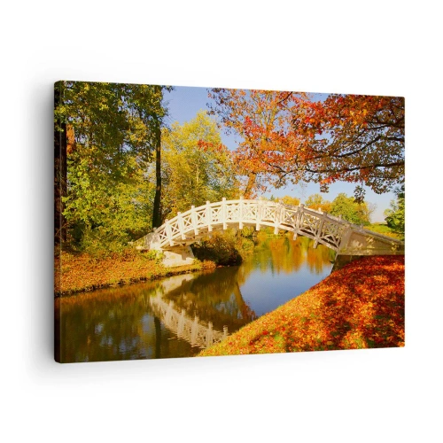Quadro em tela - Uma ponte em um parque cercada por folhas de outono sobre águas calmas - 70x50cm - Na ponte branca dos suspiros - Decoração de parede moderna para a sala de estar e quarto ARTTOR