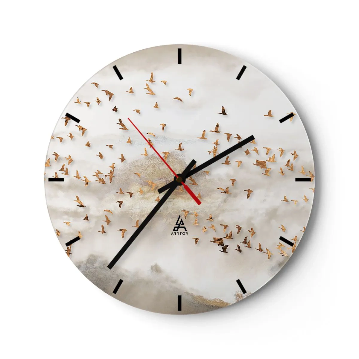 Relógio de parede - Relógio em vidro - Um bando de pássaros voando contra o pano de fundo das montanhas em uma névoa delicada - 30x30cm - Está na hora… - Decoração de parede moderna para a sala de estar, cozinha e quarto ARTTOR