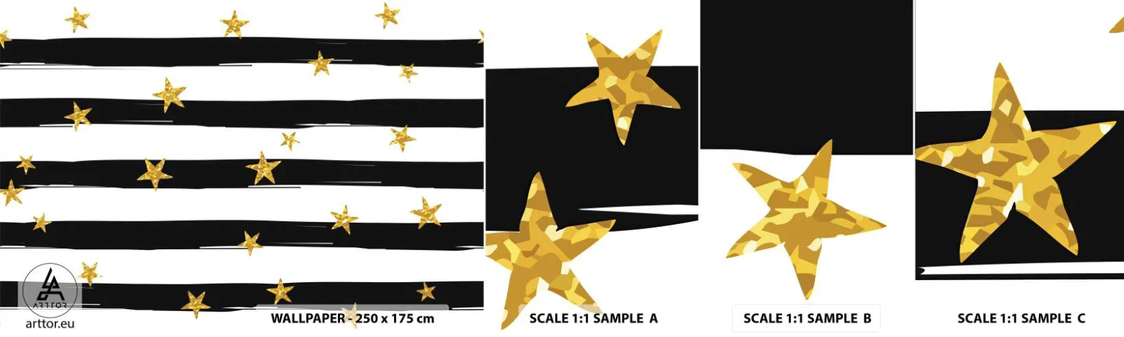 Amostra de Papel de Parede Standard Eco - Todos nós nascemos sob uma estrela da sorte - Gráficos, Estrela de Ouro, Listras pretas e brancas - 100x30 cm