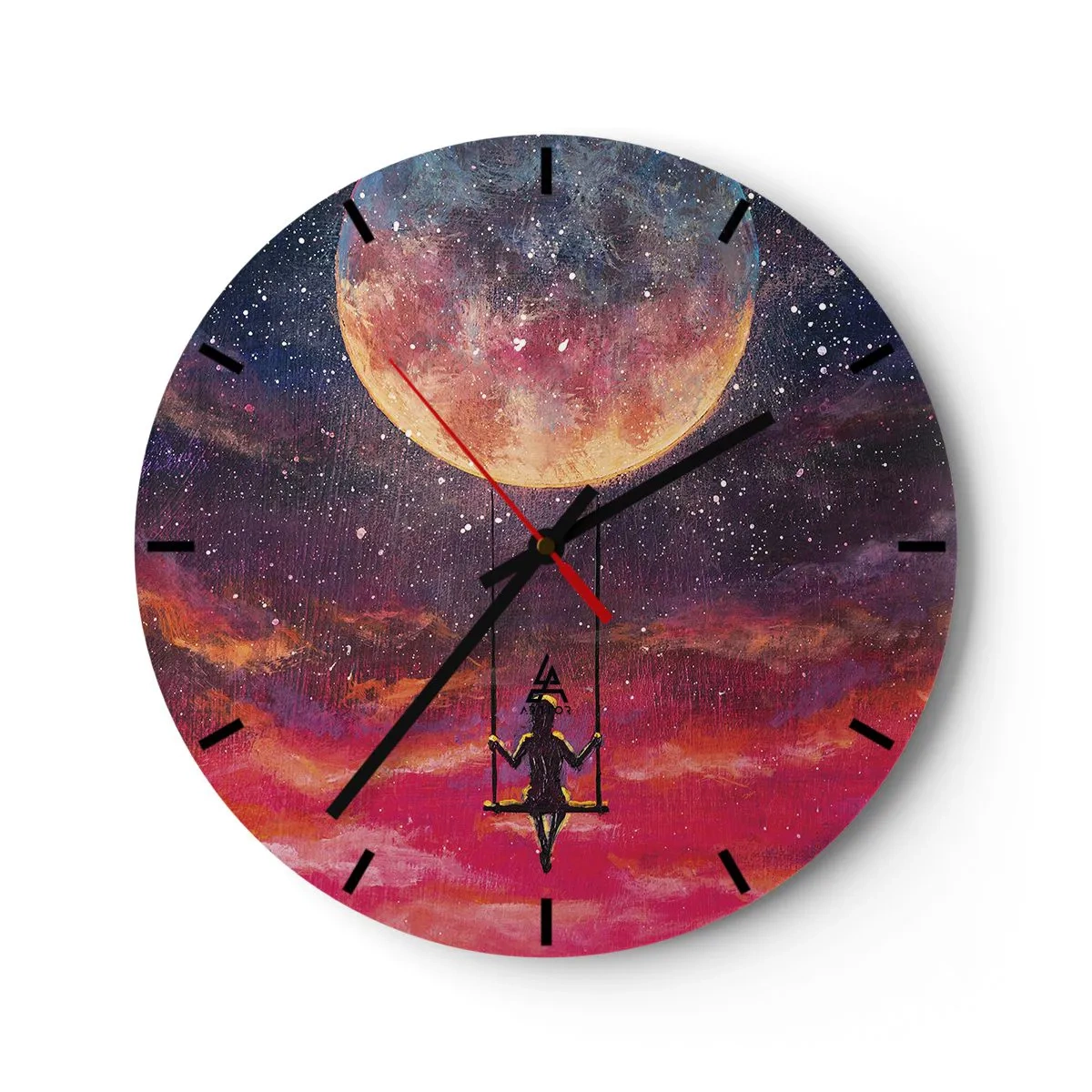 Relógio de parede - Relógio em vidro - Uma menina em um balanço suspenso sob a lua - 30x30cm - Balanço nas nuvens - Decoração de parede moderna para a sala de estar, cozinha e quarto ARTTOR