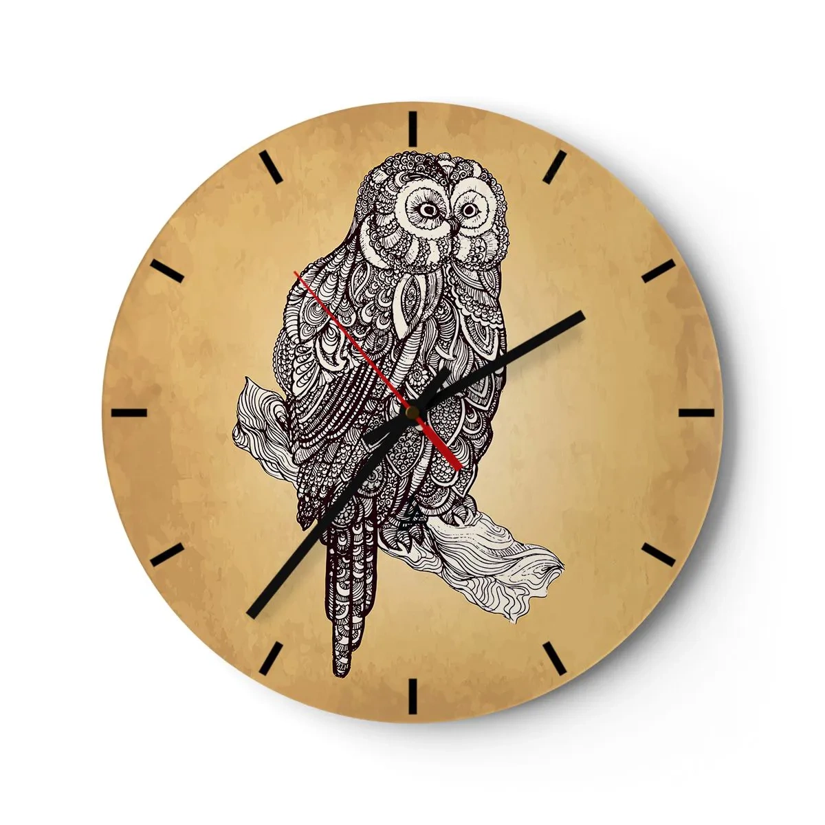 Relógio de parede - Relógio em vidro - Uma coruja artística em um fundo bege com um padrão intrincado - 30x30cm - Ornamentos intrincados de sabedoria - Decoração de parede moderna para a sala de estar, cozinha e quarto ARTTOR