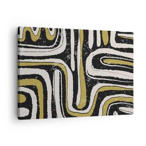 Quadro em tela - Padrão abstrato em preto, branco e dourado - 70x50cm - Composição: estradas e becos - Decoração de parede moderna para a sala de estar e quarto ARTTOR