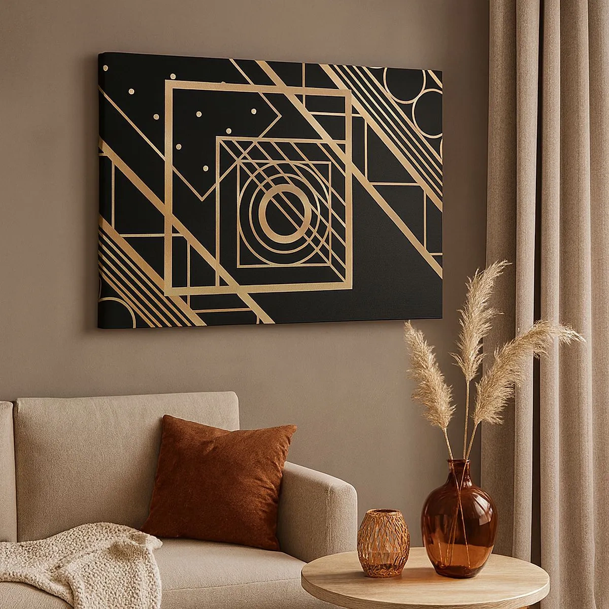 Quadro em tela - Padrões geométricos dourados em um fundo preto - 70x50cm - Geometria dourada - Decoração de parede moderna para a sala de estar e quarto ARTTOR